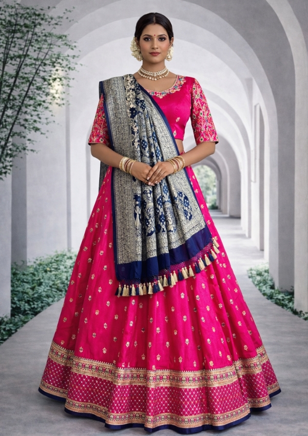 Pink Raw Silk Lehenga with Bandhej